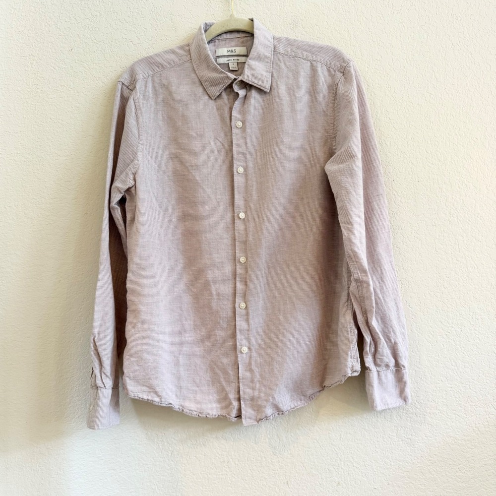 M&S Marks and Spencer Mens Small Linen Blend Pink Micro Check Button Down Shirt